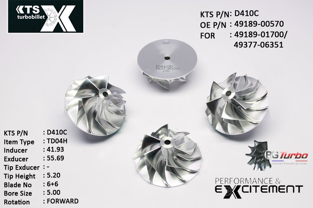 Turbo ROUE FORGÉE MFS PERFORMANCE - 6+6 PALES - INDUCER : 41,93 - EXDUCER : 55,69 - TYPE : TD04HANGLE : 55° - ROTATION : Forward - SUPER BACK : 0 - BORE SIZE : 5
